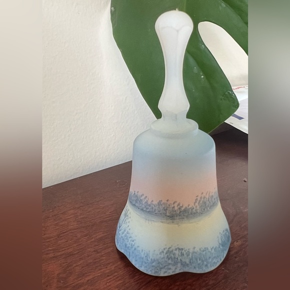 Fenton Vintage Signed Art Glass Blue Satin Hand Painted Bell So Gently He Comes - Picture 4 of 10